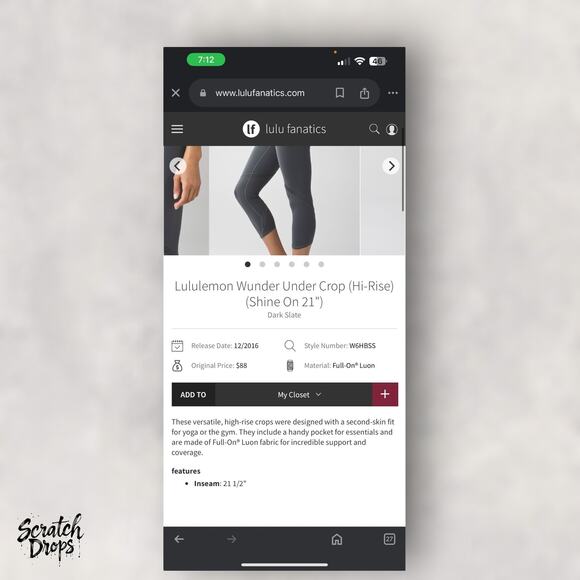 Lululemon Wunder Under Crop Hi Rise 21 Inch Dark Slate Leggings Size 4 - Picture 3 of 5